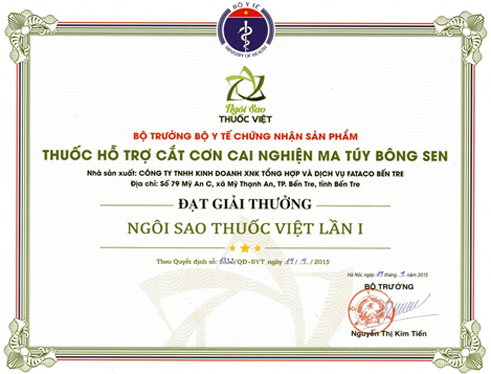 Thuốc Bông Sen đã được bộ trưởng Bộ Y Tế trao tặng giải thưởng Ngôi Sao Thuốc Việt
